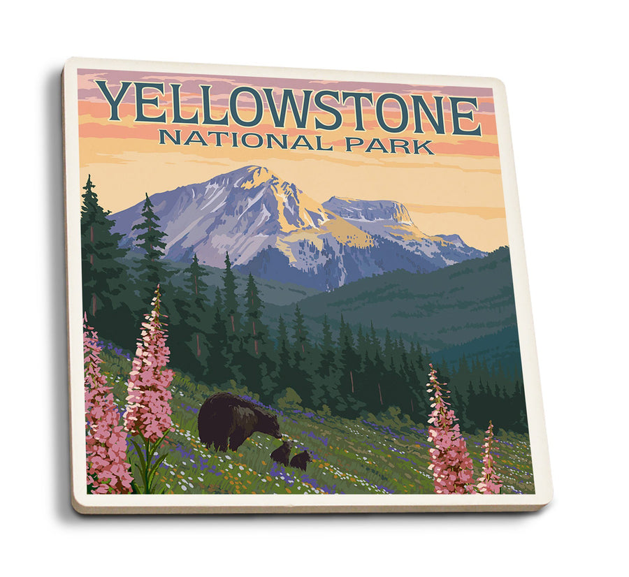 Yellowstone National Park, Bear & Spring Flowers, Lantern Press Artwork, Coaster Set Coasters Lantern Press 