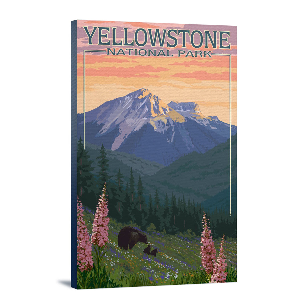 Yellowstone National Park, Bear & Spring Flowers, Lantern Press Artwork, Stretched Canvas Canvas Lantern Press 12x18 Stretched Canvas 