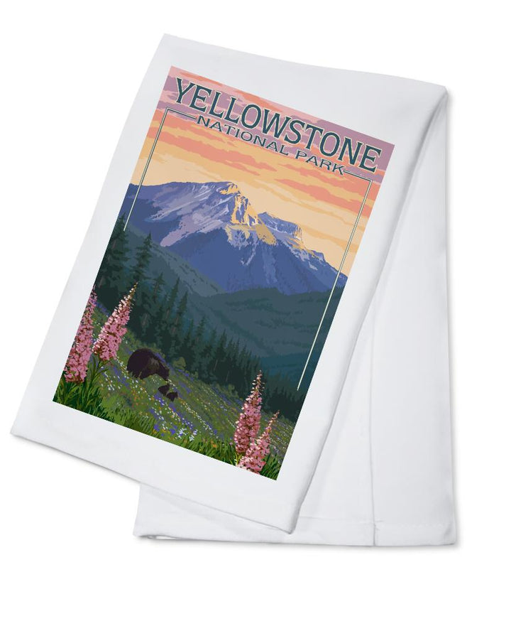 Yellowstone National Park, Bear & Spring Flowers, Lantern Press Artwork, Towels and Aprons Kitchen Lantern Press Cotton Towel 