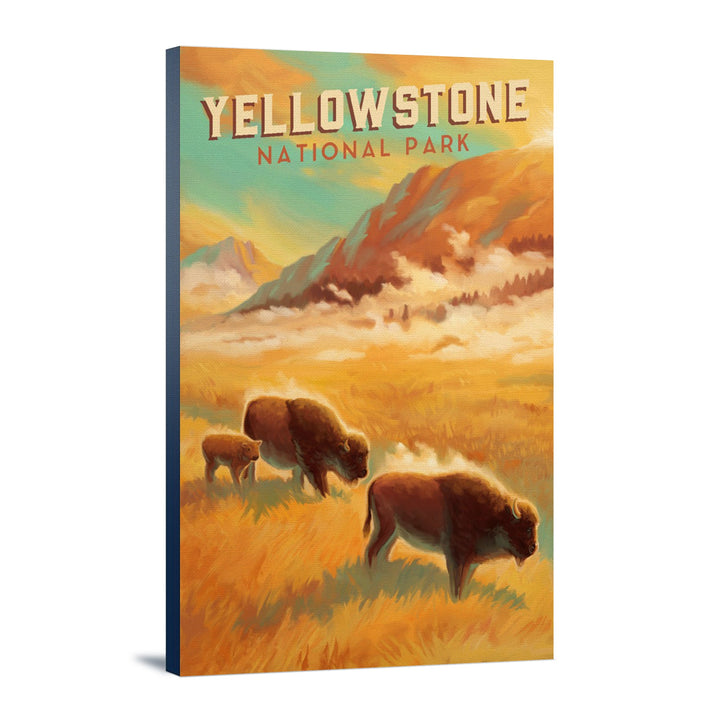Yellowstone National Park, Bison Family, Oil Painting, Lantern Press Artwork, Stretched Canvas Canvas Lantern Press 12x18 Stretched Canvas 