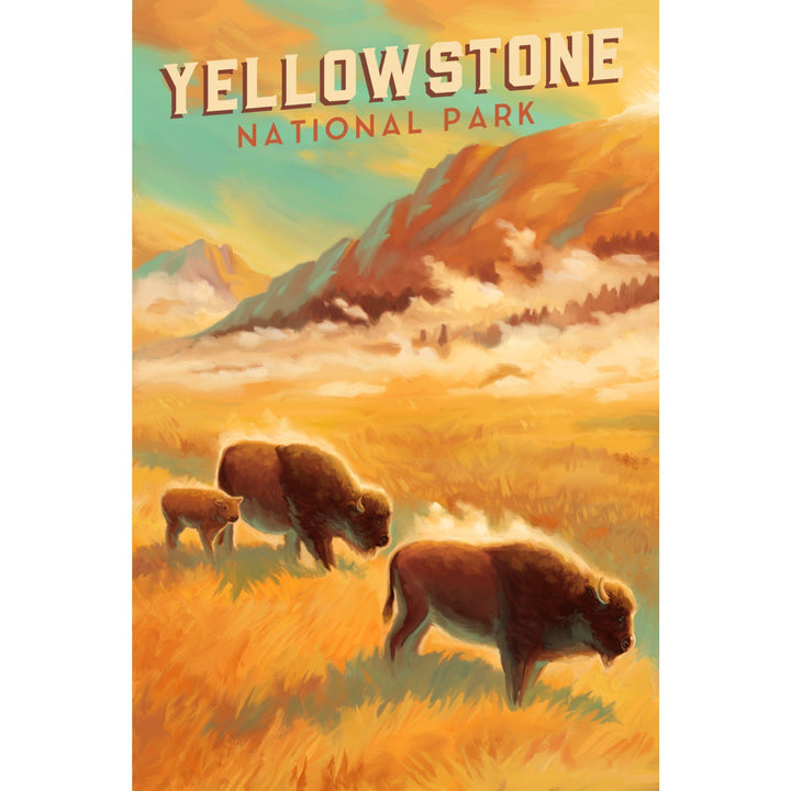 Yellowstone National Park, Bison Family, Oil Painting, Lantern Press Artwork, Stretched Canvas Canvas Lantern Press 