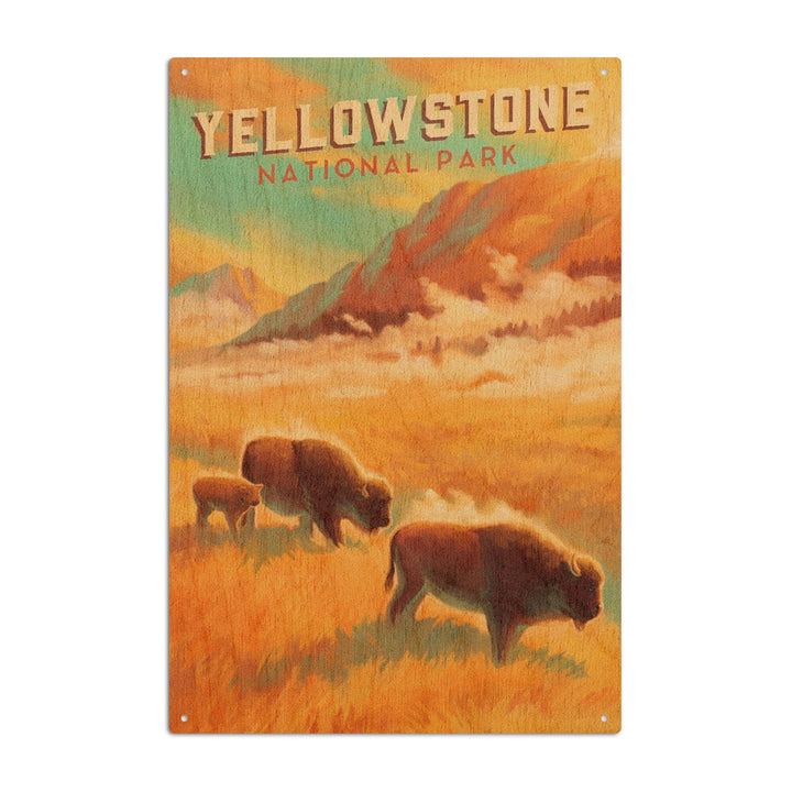Yellowstone National Park, Bison Family, Oil Painting, Lantern Press Artwork, Wood Signs and Postcards Wood Lantern Press 10 x 15 Wood Sign 