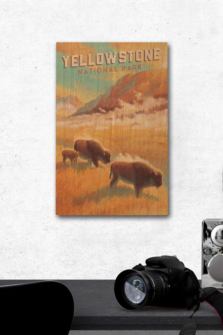 Yellowstone National Park, Bison Family, Oil Painting, Lantern Press Artwork, Wood Signs and Postcards Wood Lantern Press 12 x 18 Wood Gallery Print 
