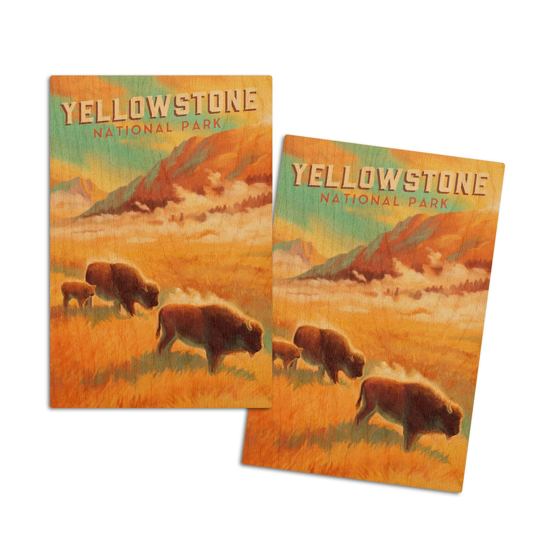 Yellowstone National Park, Bison Family, Oil Painting, Lantern Press Artwork, Wood Signs and Postcards Wood Lantern Press 4x6 Wood Postcard Set 