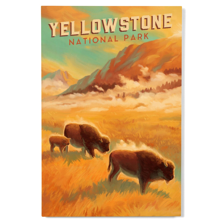 Yellowstone National Park, Bison Family, Oil Painting, Lantern Press Artwork, Wood Signs and Postcards Wood Lantern Press 