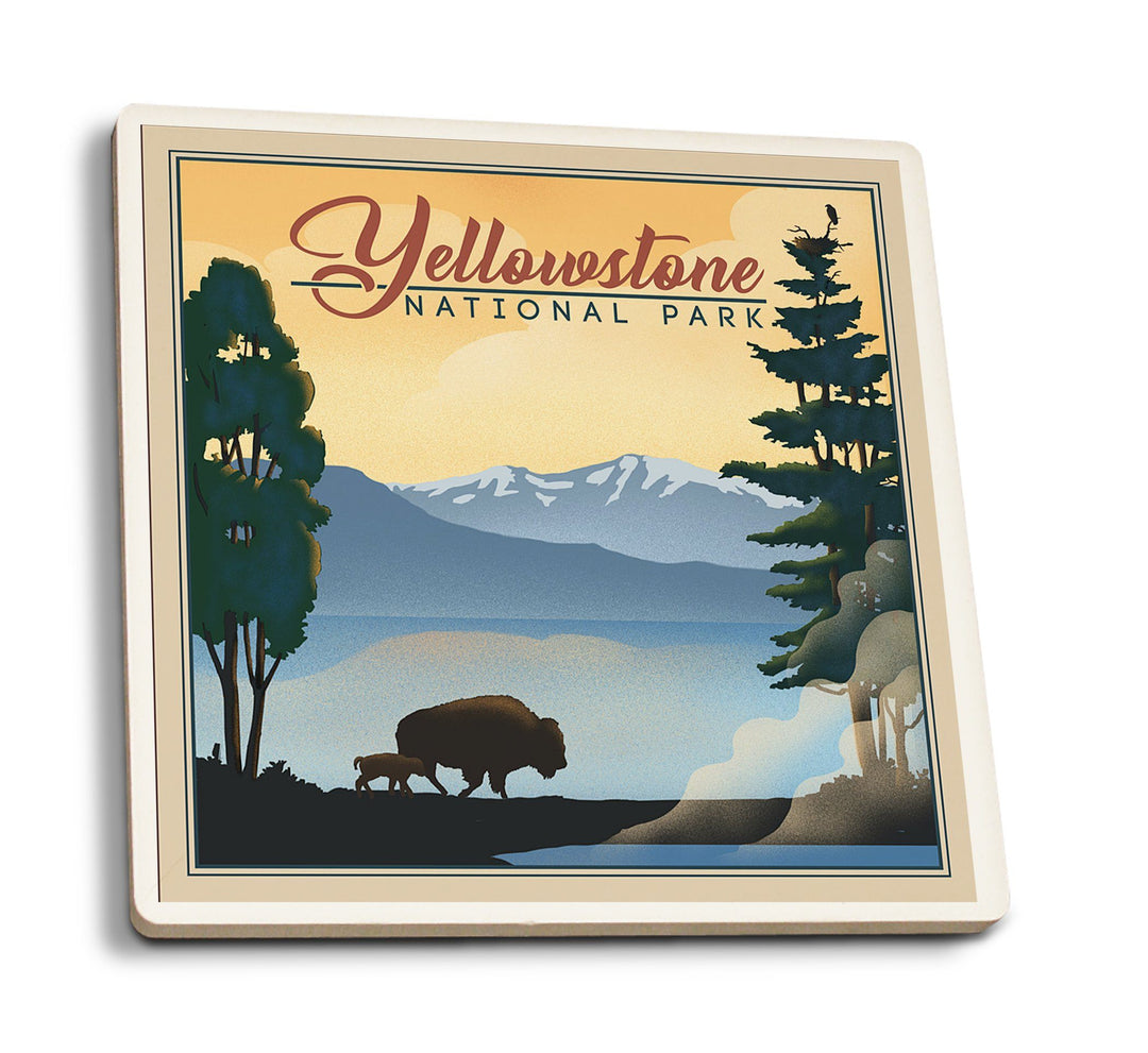 Yellowstone National Park, Bison & Lake, Lithograph National Park Series, Lantern Press Artwork, Coaster Set Coasters Lantern Press 