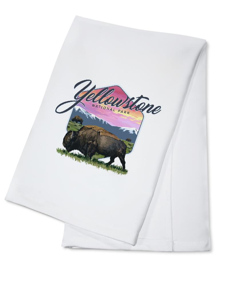 Yellowstone National Park, Bison & Sunset, Contour, Lantern Press Artwork, Towels and Aprons Kitchen Lantern Press Cotton Towel 
