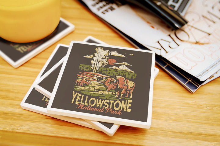 Yellowstone National Park, Distressed Vector, Old Faithful, Lantern Press Artwork, Coaster Set Coasters Lantern Press 