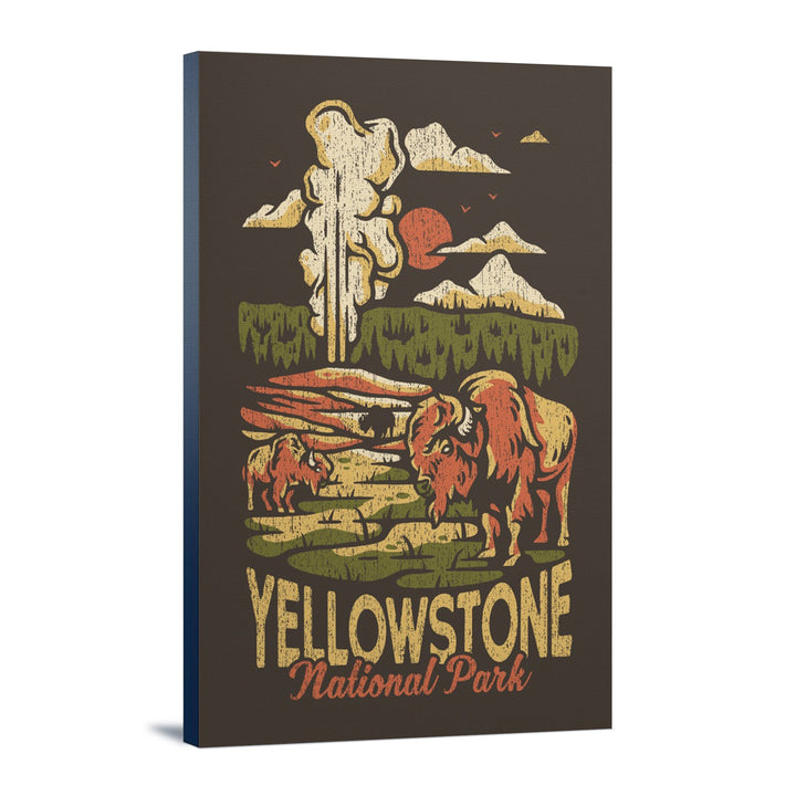 Yellowstone National Park, Distressed Vector, Old Faithful, Lantern Press Artwork, Stretched Canvas Canvas Lantern Press 12x18 Stretched Canvas 
