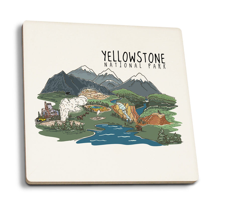 Yellowstone National Park, Line Drawing, Lantern Press Artwork, Coaster Set Coasters Lantern Press 