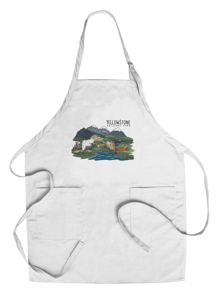 Yellowstone National Park, Line Drawing, Lantern Press Artwork, Towels and Aprons Kitchen Lantern Press Chef's Apron 