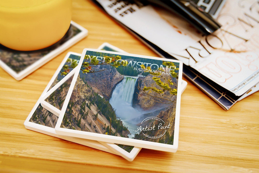 Yellowstone National Park, Lower Yellowstone Falls, Lantern Press Photography, Coaster Set Coasters Lantern Press 