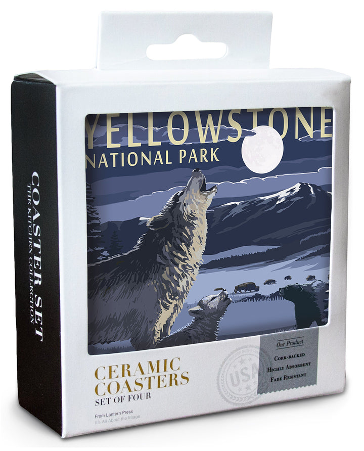 Yellowstone National Park, Montana, Lamar Valley Scene, Lantern Press Artwork, Coaster Set Coasters Lantern Press 