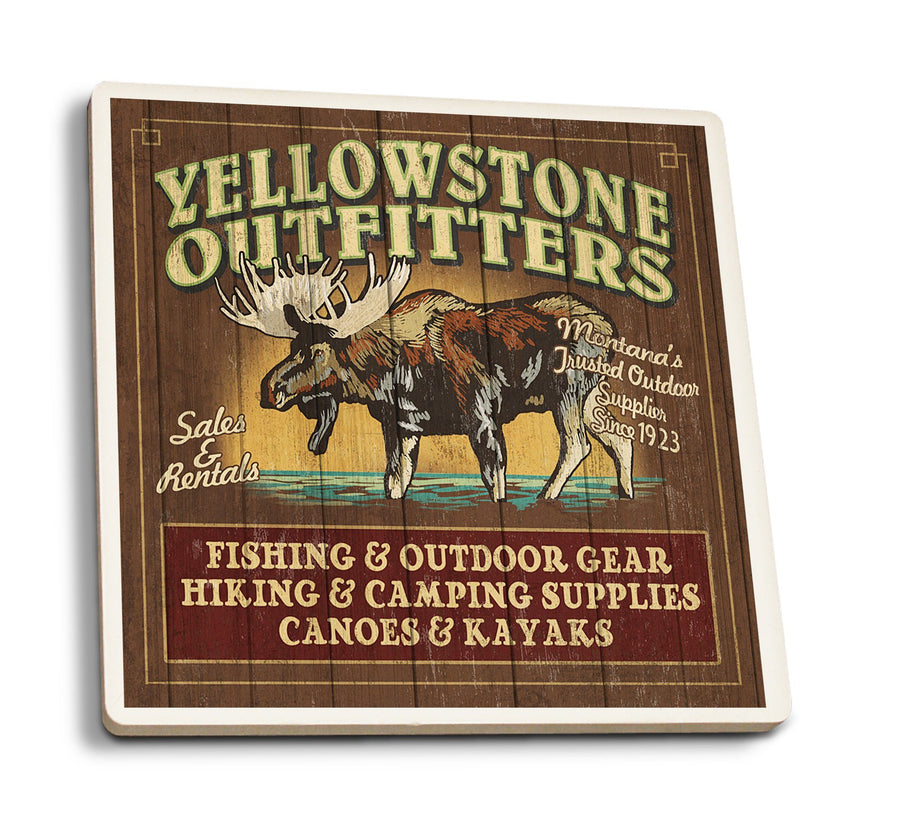 Yellowstone National Park, Montana, Moose Outfitters Vintage Sign, Lantern Press Artwork, Coaster Set Coasters Lantern Press 