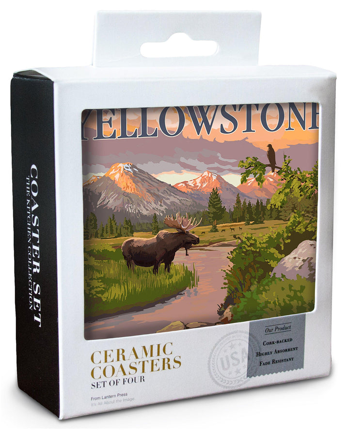 Yellowstone National Park, Moose & Mountain Stream at Sunset, Lantern Press Artwork, Coaster Set Coasters Lantern Press 