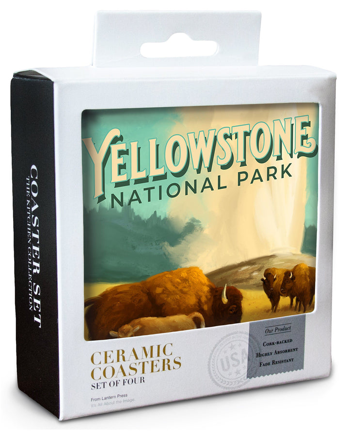 Yellowstone National Park, Old Faithful and Bison, Oil Painting, Lantern Press Artwork, Coaster Set Coasters Lantern Press 