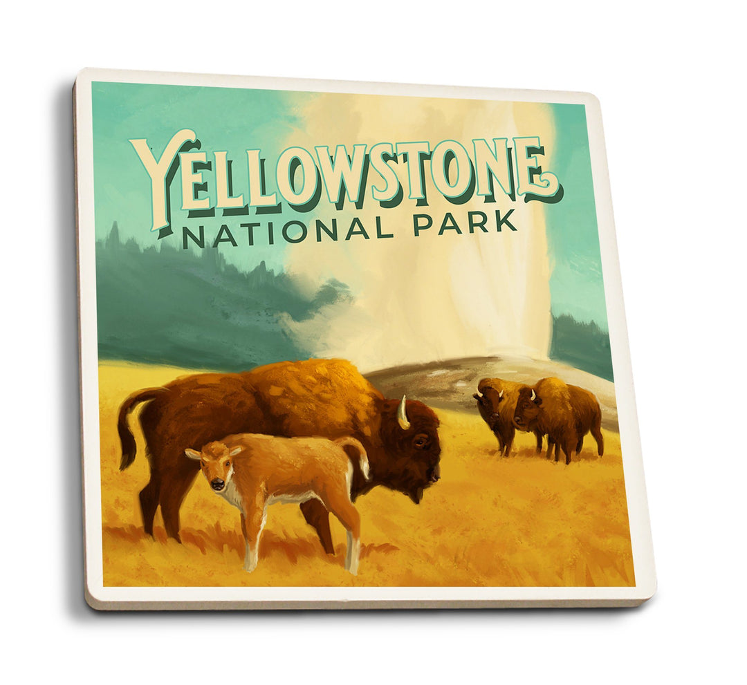 Yellowstone National Park, Old Faithful and Bison, Oil Painting, Lantern Press Artwork, Coaster Set Coasters Lantern Press 