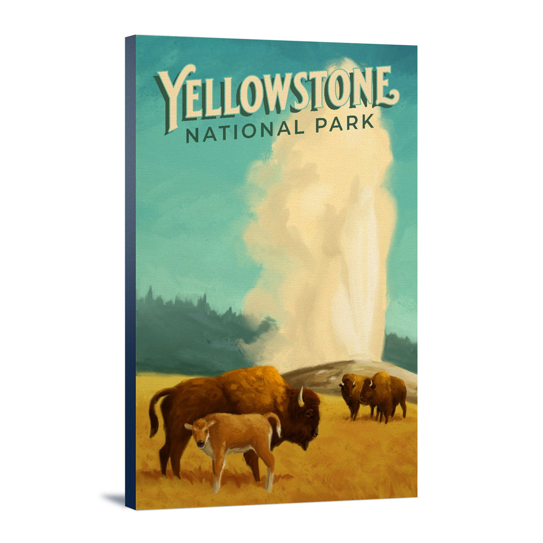 Yellowstone National Park, Old Faithful and Bison, Oil Painting, Lantern Press Artwork, Stretched Canvas Canvas Lantern Press 12x18 Stretched Canvas 