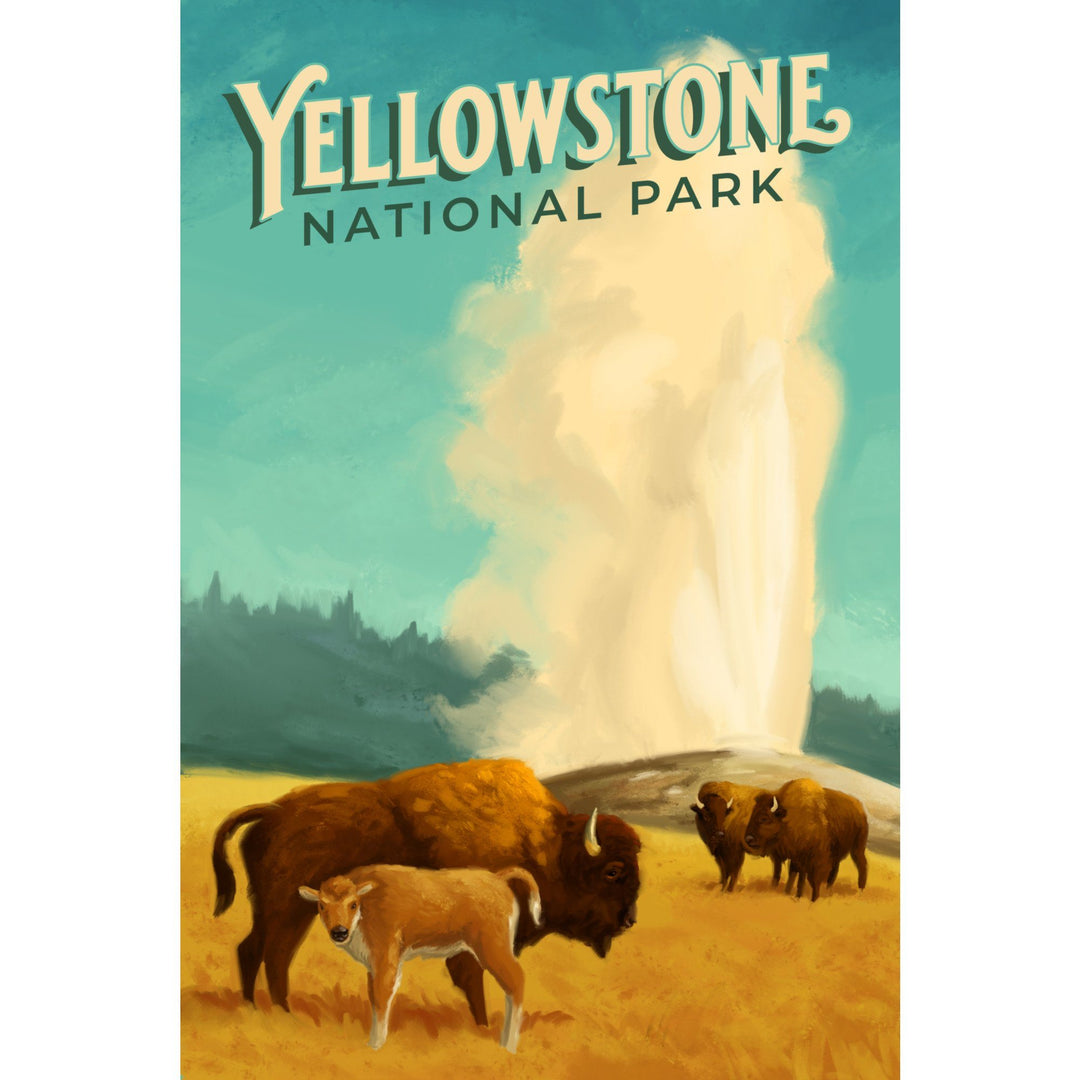 Yellowstone National Park, Old Faithful and Bison, Oil Painting, Lantern Press Artwork, Stretched Canvas Canvas Lantern Press 