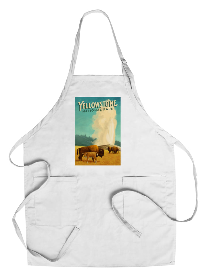 Yellowstone National Park, Old Faithful and Bison, Oil Painting, Lantern Press Artwork, Towels and Aprons Kitchen Lantern Press Chef's Apron 