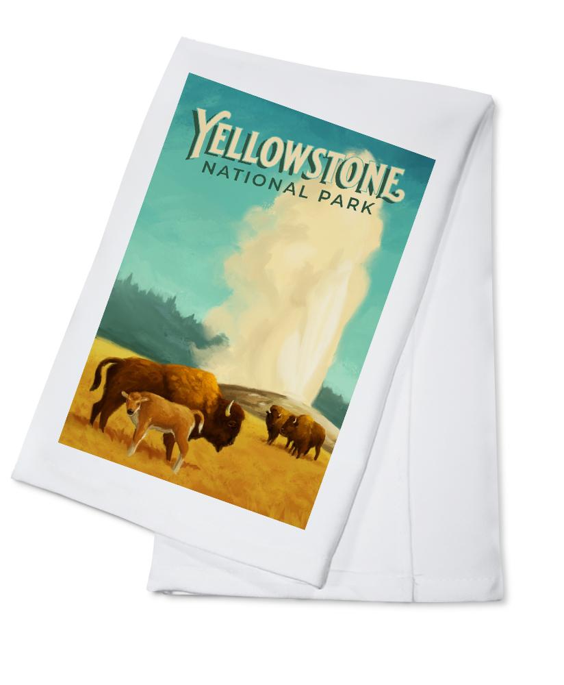Yellowstone National Park, Old Faithful and Bison, Oil Painting, Lantern Press Artwork, Towels and Aprons Kitchen Lantern Press Cotton Towel 