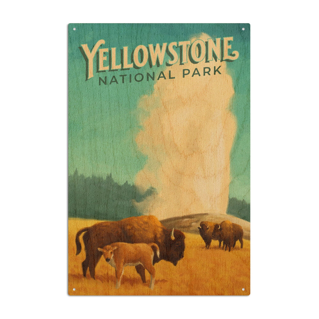 Yellowstone National Park, Old Faithful and Bison, Oil Painting, Lantern Press Artwork, Wood Signs and Postcards Wood Lantern Press 10 x 15 Wood Sign 