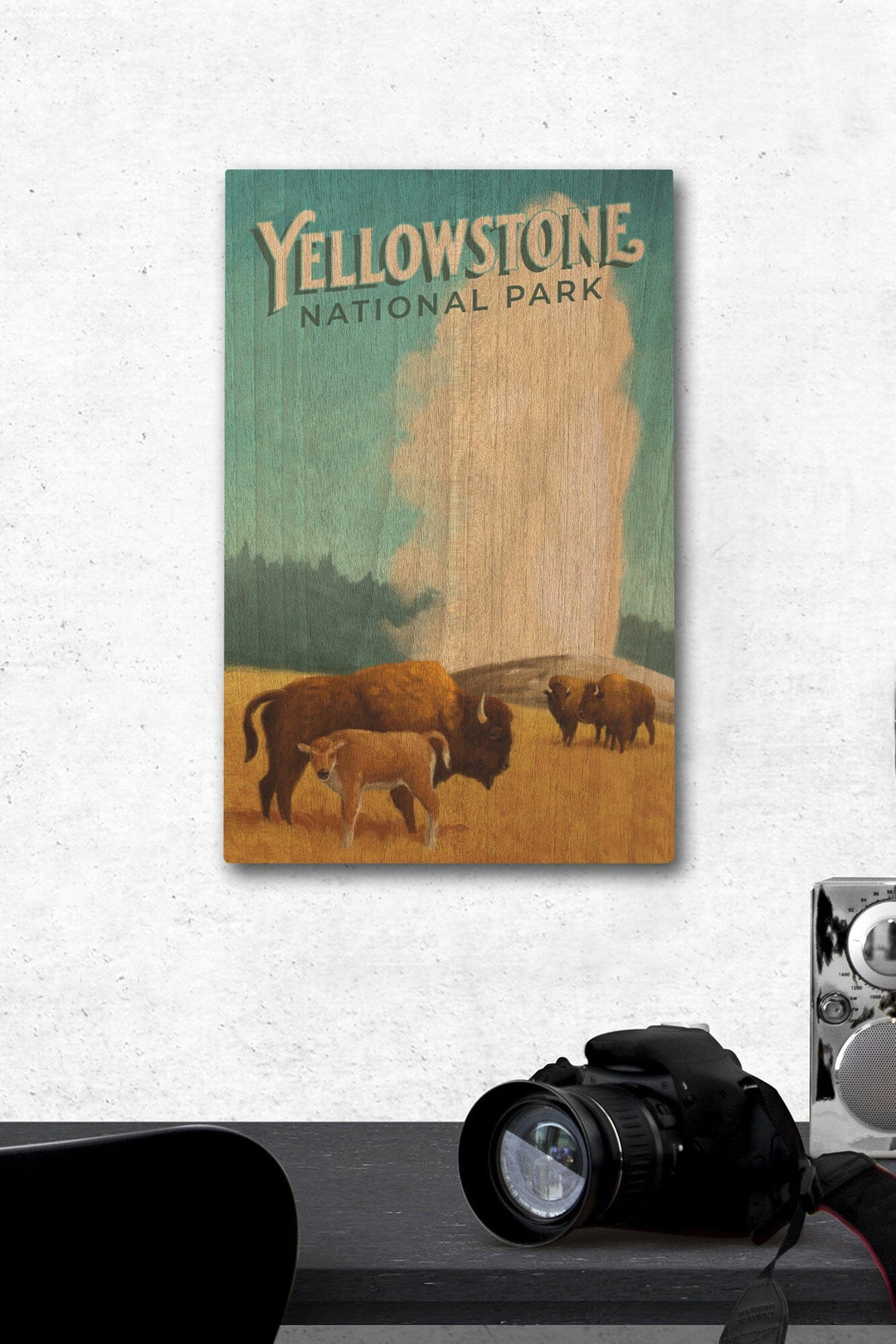 Yellowstone National Park, Old Faithful and Bison, Oil Painting, Lantern Press Artwork, Wood Signs and Postcards Wood Lantern Press 12 x 18 Wood Gallery Print 