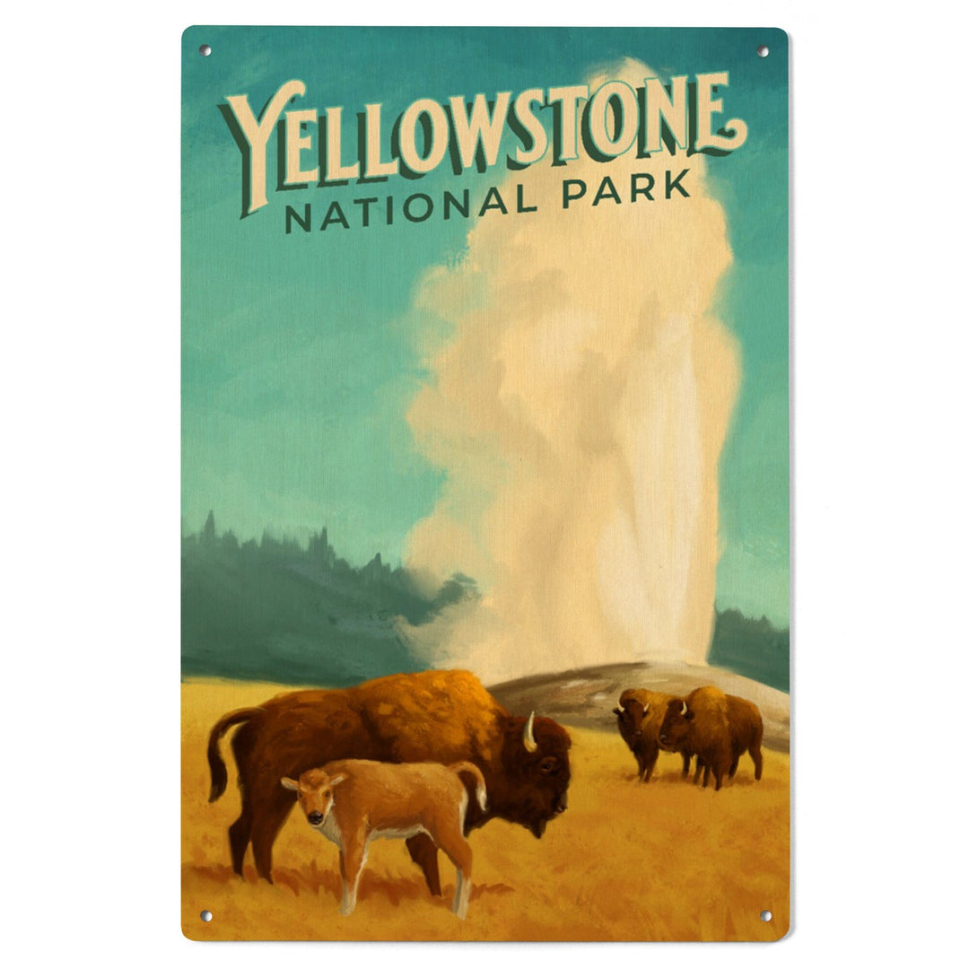 Yellowstone National Park, Old Faithful and Bison, Oil Painting, Lantern Press Artwork, Wood Signs and Postcards Wood Lantern Press 