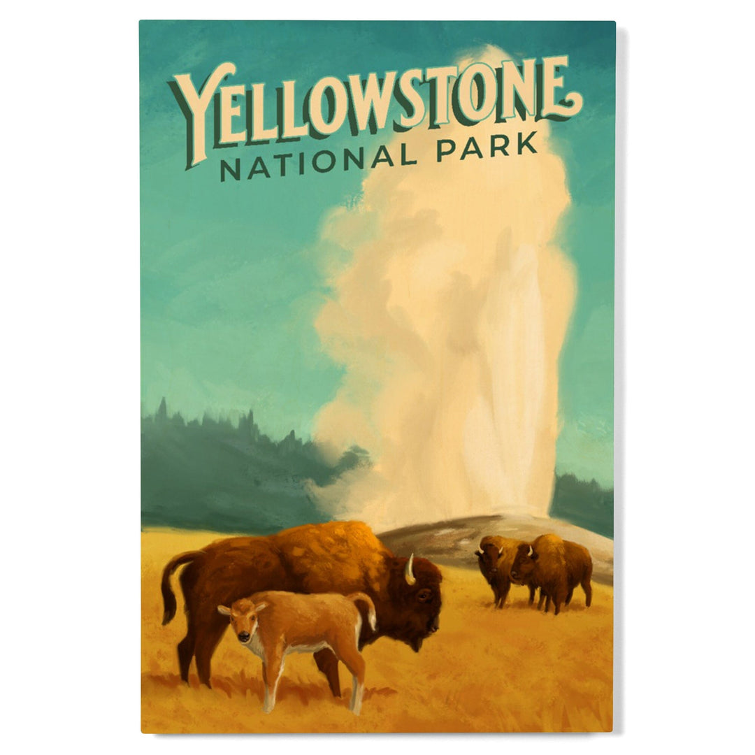 Yellowstone National Park, Old Faithful and Bison, Oil Painting, Lantern Press Artwork, Wood Signs and Postcards Wood Lantern Press 