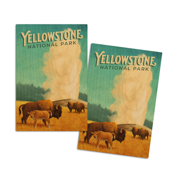Yellowstone National Park, Old Faithful and Bison, Oil Painting, Lantern Press Artwork, Wood Signs and Postcards Wood Lantern Press 4x6 Wood Postcard Set 