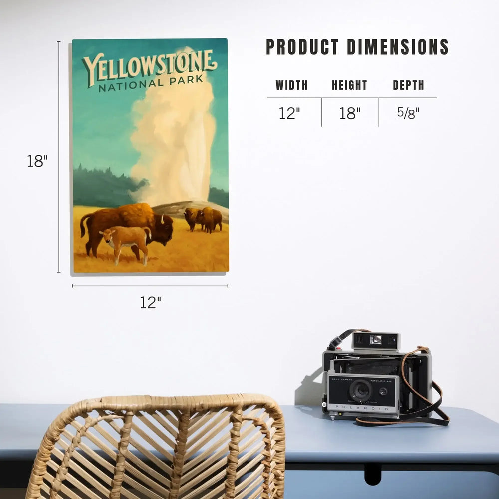 Yellowstone National Park, Old Faithful and Bison, Oil Painting, Lantern Press Artwork, Wood Signs and Postcards Wood Lantern Press 