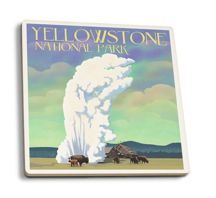 Yellowstone National Park, Old Faithful & Bison, Lithograph, Lantern Press Artwork, Coaster Set Coasters Lantern Press 