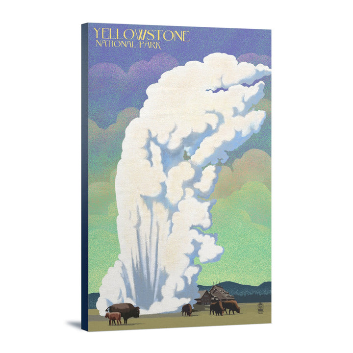 Yellowstone National Park, Old Faithful & Bison, Lithograph, Lantern Press Artwork, Stretched Canvas Canvas Lantern Press 12x18 Stretched Canvas 