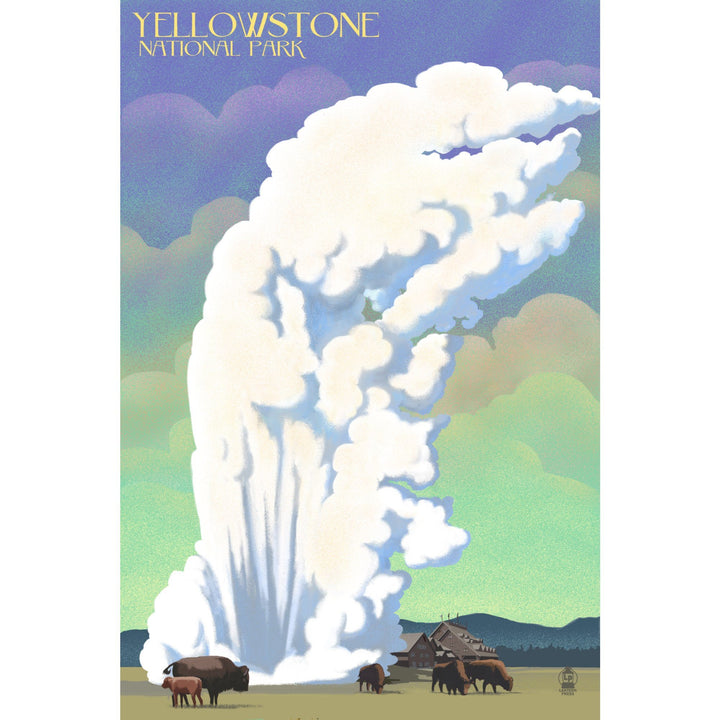 Yellowstone National Park, Old Faithful & Bison, Lithograph, Lantern Press Artwork, Stretched Canvas Canvas Lantern Press 