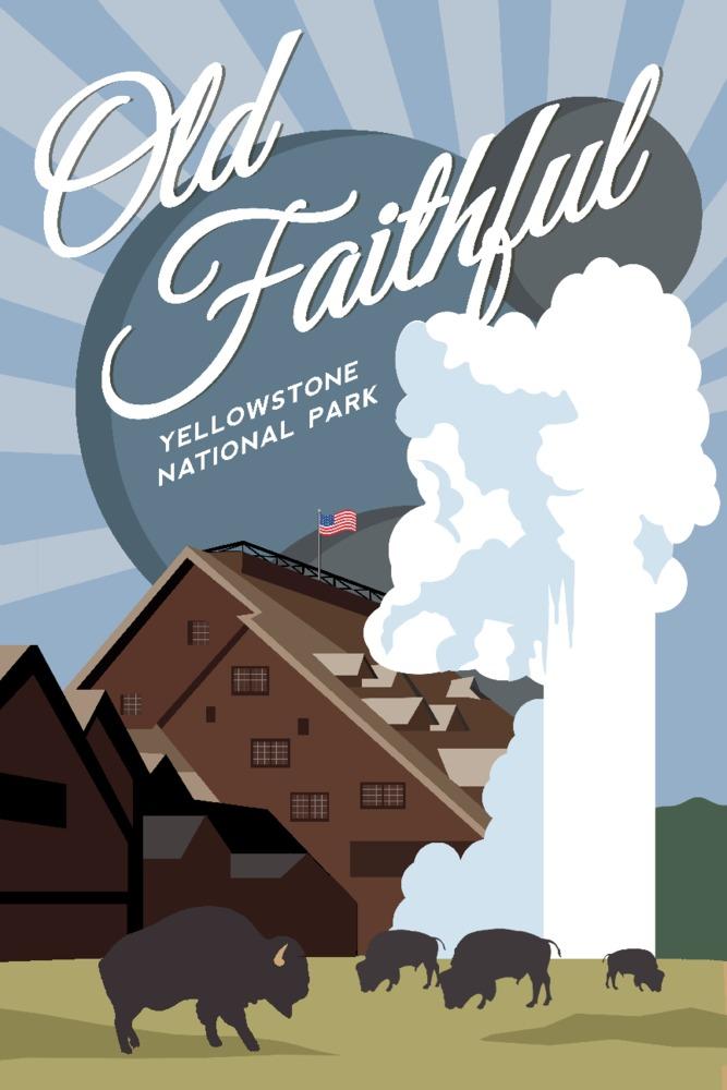 Yellowstone National Park, Old Faithful, Vector with Rays, Lantern Press Artwork, Art Prints and Metal Signs Art Lantern Press 12 x 18 Art Print 