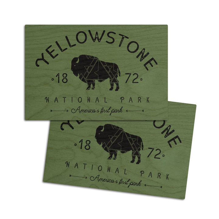 Yellowstone National Park, WY, Buffalo, Contour, Geometric, Lantern Press Artwork, Wood Signs and Postcards Wood Lantern Press 4x6 Wood Postcard Set 