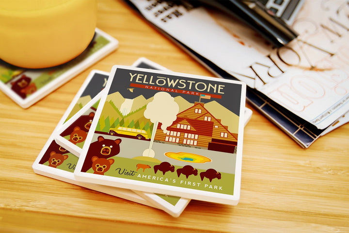Yellowstone National Park, WY, Geometric, Lantern Press Artwork, Coaster Set Coasters Lantern Press 