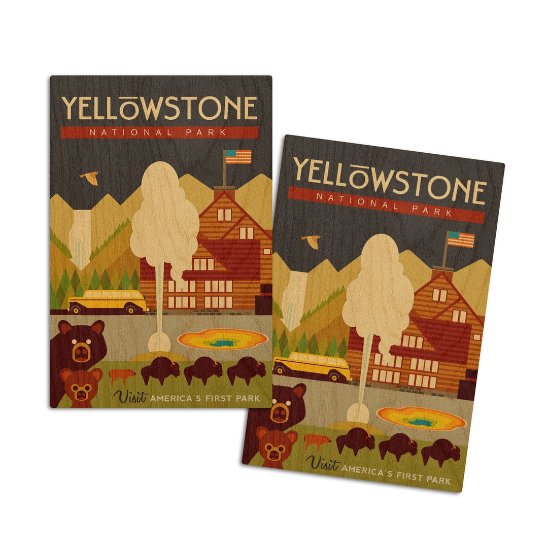 Yellowstone National Park, WY, Geometric, Lantern Press Artwork, Wood Signs and Postcards Wood Lantern Press 4x6 Wood Postcard Set 