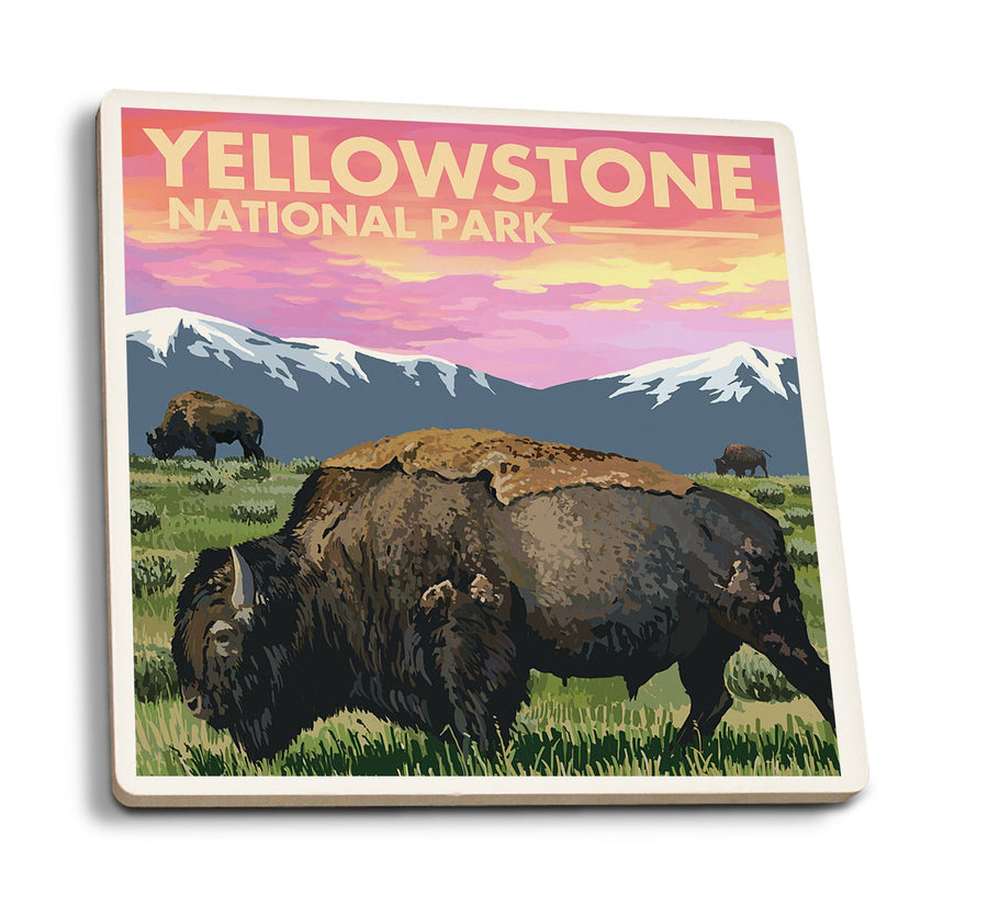 Yellowstone National Park, Wyoming, Bison & Sunset, Lantern Press Artwork, Coaster Set Coasters Lantern Press 
