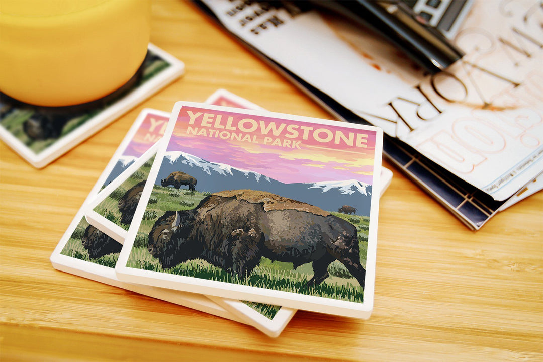 Yellowstone National Park, Wyoming, Bison & Sunset, Lantern Press Artwork, Coaster Set Coasters Lantern Press 