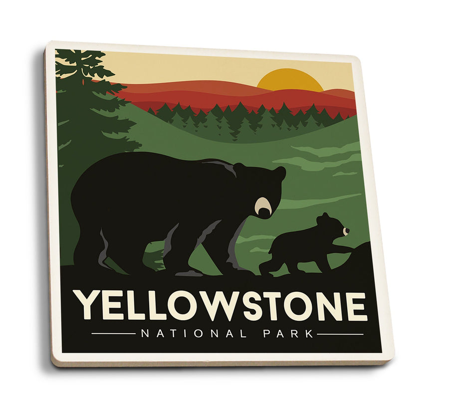Yellowstone National Park, Wyoming, Black Bear & Cub, Lantern Press Artwork, Coaster Set Coasters Lantern Press 