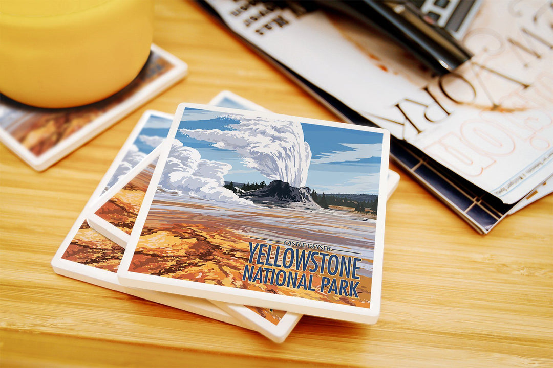 Yellowstone National Park, Wyoming, Castle Geyser, Lantern Press Artwork, Coaster Set Coasters Lantern Press 