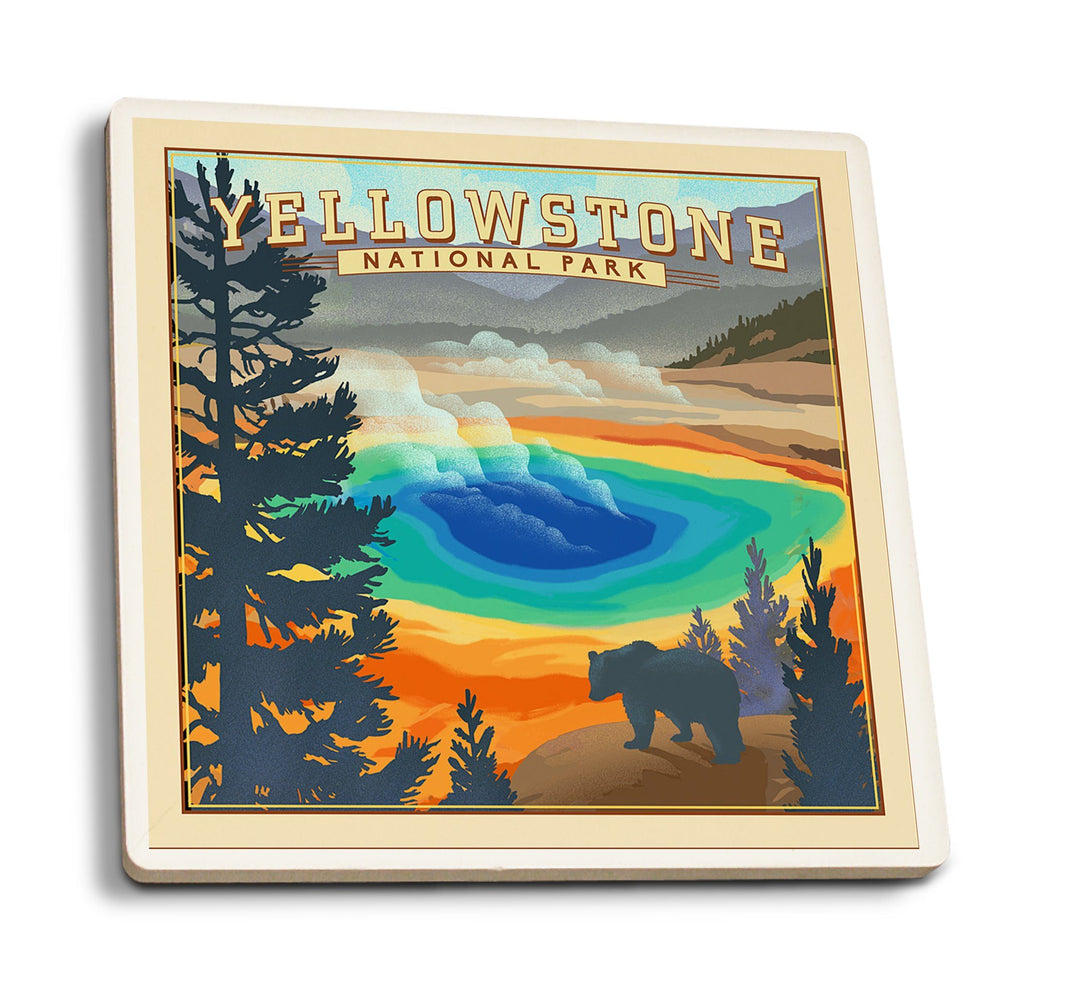 Yellowstone National Park, Wyoming, Grand Prismatic Spring, Lithograph National Park Series, Lantern Press Artwork, Coaster Set Coasters Lantern Press 