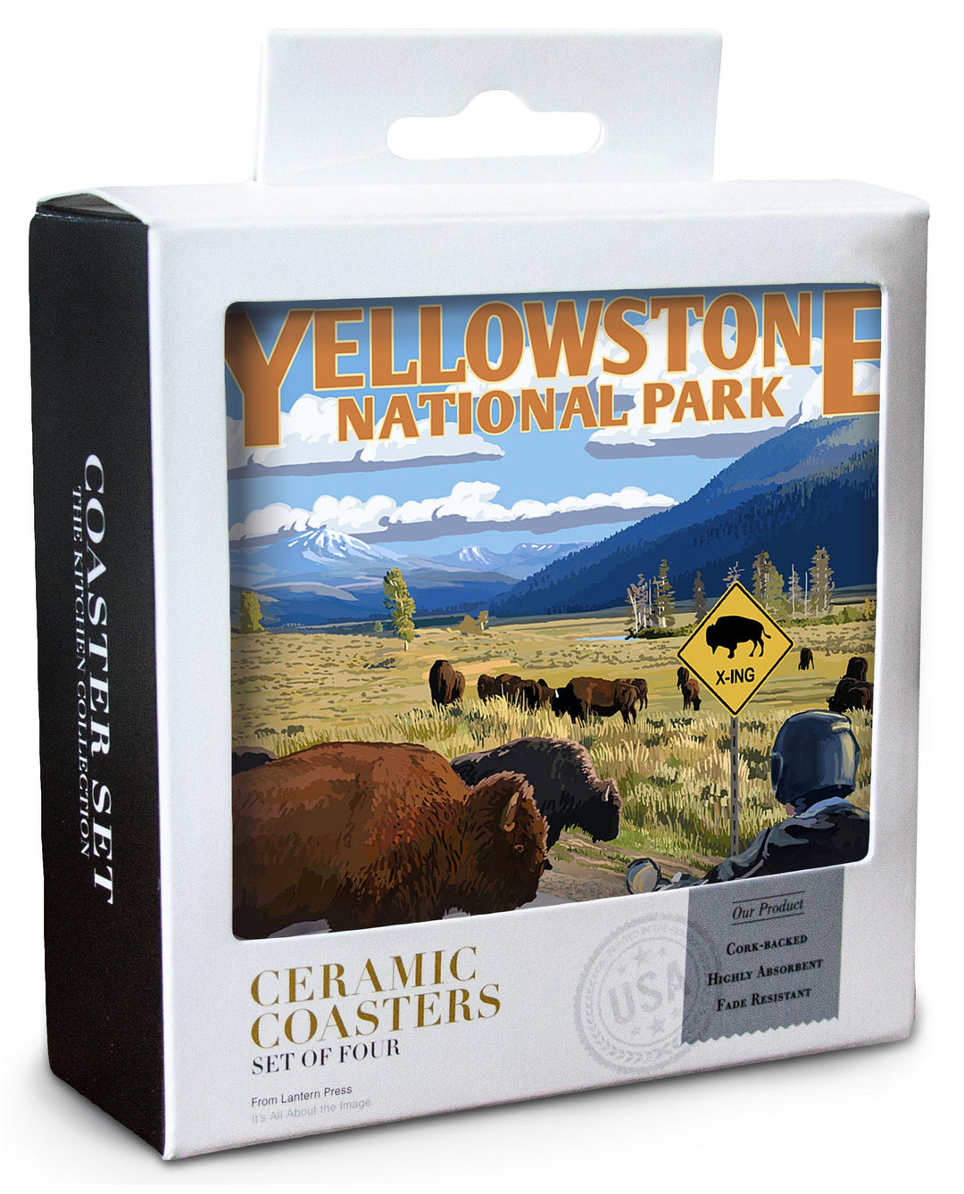 Yellowstone National Park, Wyoming, Motorcycle & Bison, Lantern Press Artwork, Coaster Set Coasters Lantern Press 