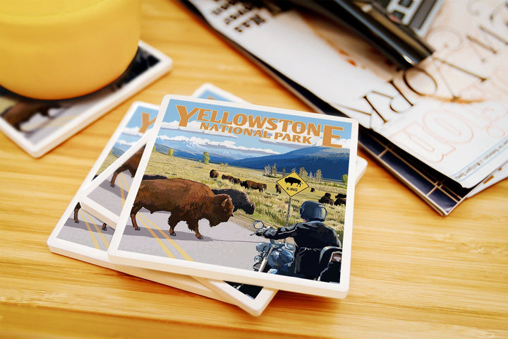 Yellowstone National Park, Wyoming, Motorcycle & Bison, Lantern Press Artwork, Coaster Set Coasters Lantern Press 
