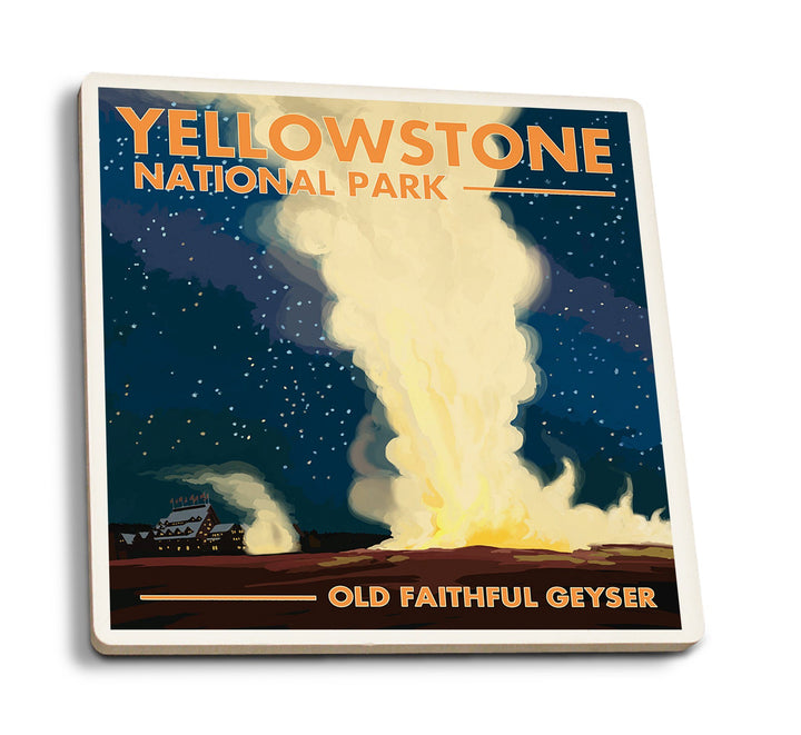 Yellowstone National Park, Wyoming, Old Faithful at Night, Lantern Press Artwork, Coaster Set Coasters Nightingale Boutique 