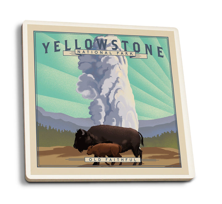 Yellowstone National Park, Wyoming, Old Faithful & Bison, Lithograph National Park Series, Lantern Press Artwork, Coaster Set Coasters Lantern Press 