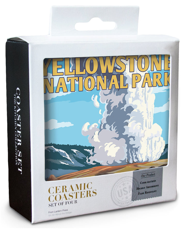 Yellowstone National Park, Wyoming, Old Faithful Geyser & Bison Herd, Lantern Press Artwork, Coaster Set Coasters Nightingale Boutique 