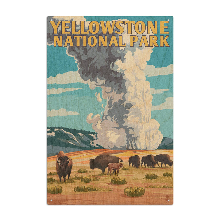 Yellowstone National Park, Wyoming, Old Faithful Geyser & Bison Herd, Lantern Press Artwork, Wood Signs and Postcards Wood Lantern Press 10 x 15 Wood Sign 