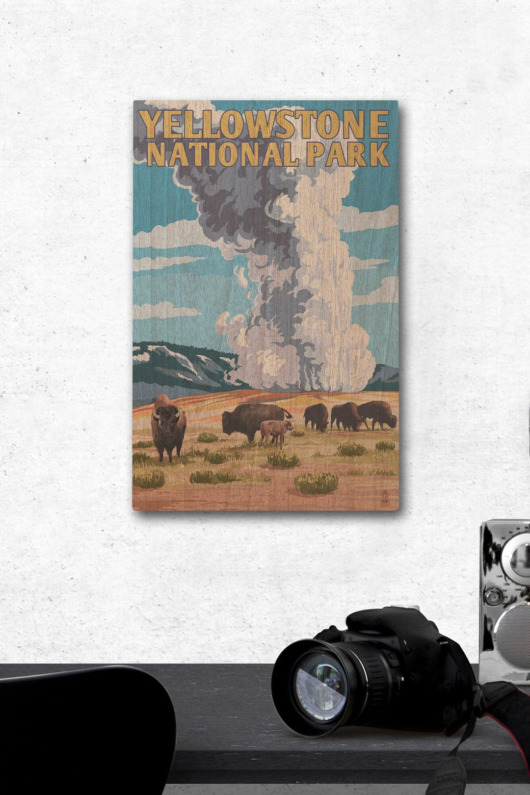 Yellowstone National Park, Wyoming, Old Faithful Geyser & Bison Herd, Lantern Press Artwork, Wood Signs and Postcards Wood Lantern Press 12 x 18 Wood Gallery Print 